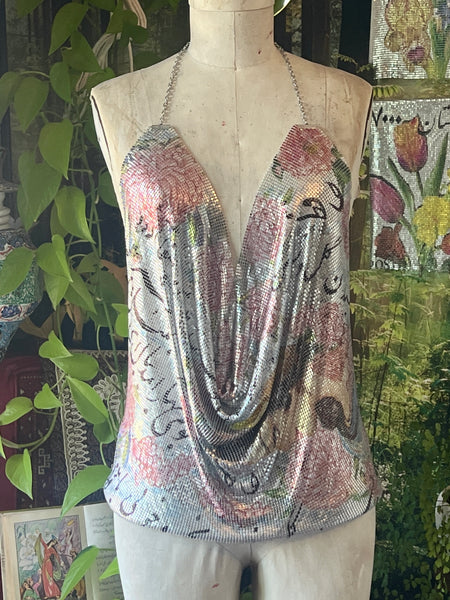 Poetry & Blossoms Metal Mesh Drape Halter Top