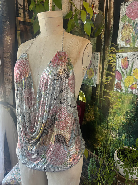 Poetry & Blossoms Metal Mesh Drape Halter Top