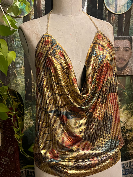 Roses and Hafez Metal Mesh Drape Halter Top