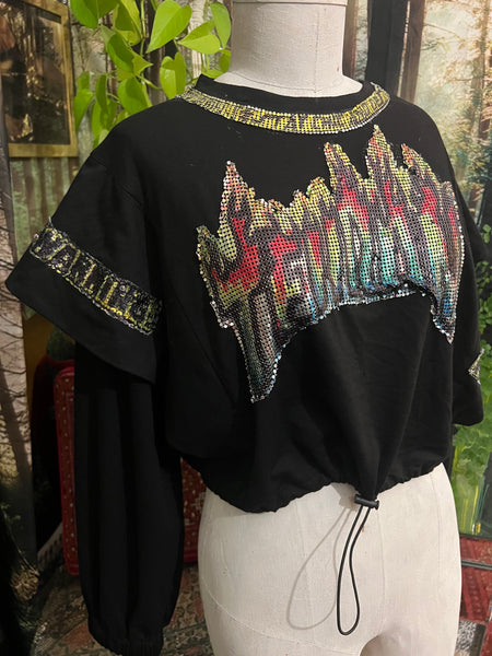 Tehran Thrash applique Boxy Crop Dolman  Top