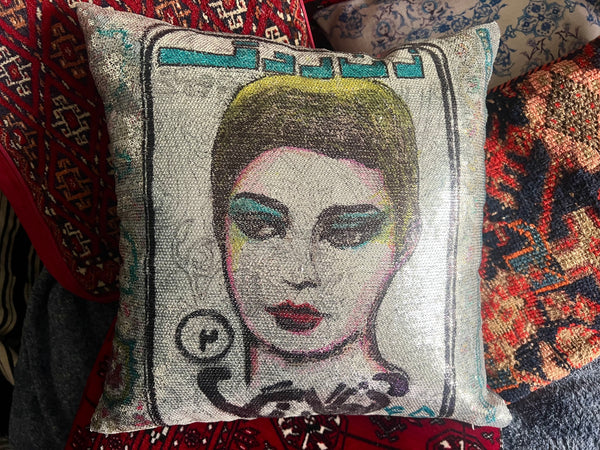 Persian PopStar Hand Painted Sequin Pillow - 16x16 Inches