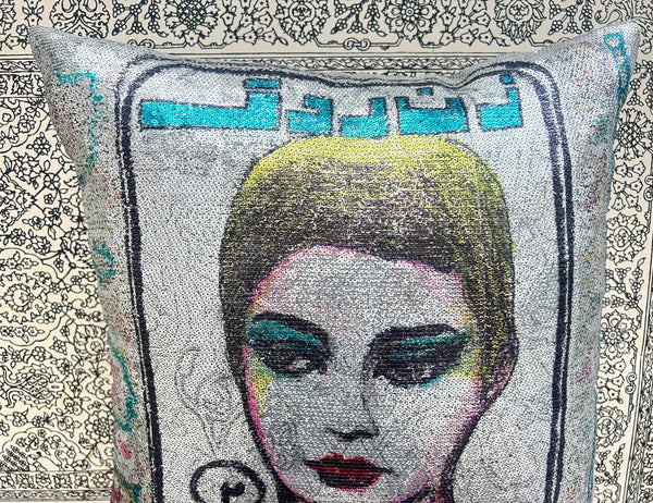 Persian PopStar Hand Painted Sequin Pillow - 16x16 Inches