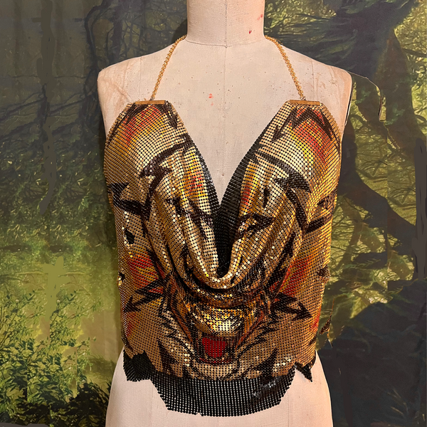 Tiger Metal Mesh Drape Halter Top