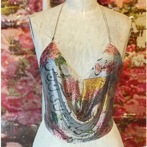 Poetry & Blossoms Metal Mesh Drape Halter Top