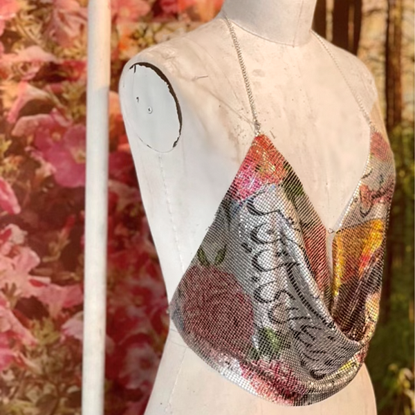 Poetry & Blossoms Metal Mesh Drape Halter Top