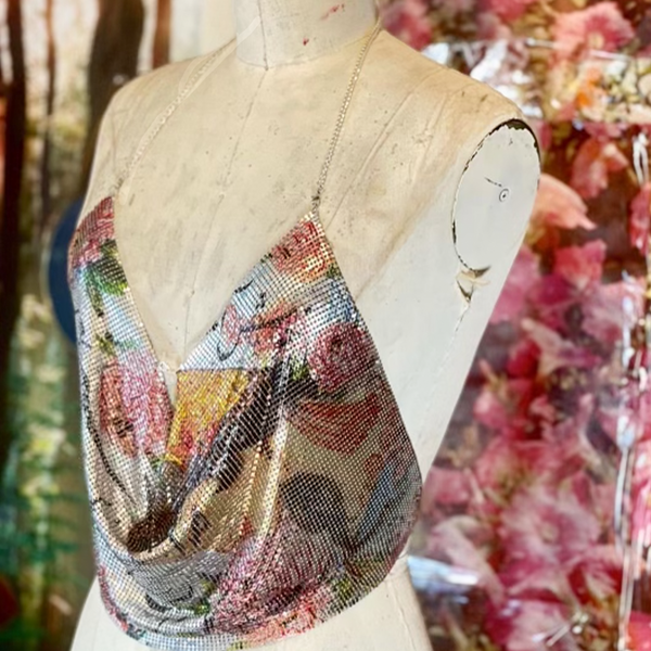 Poetry & Blossoms Metal Mesh Drape Halter Top