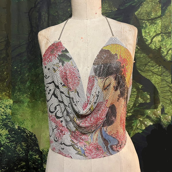 White Poetry & Blossoms Metal Mesh Drape Halter Top