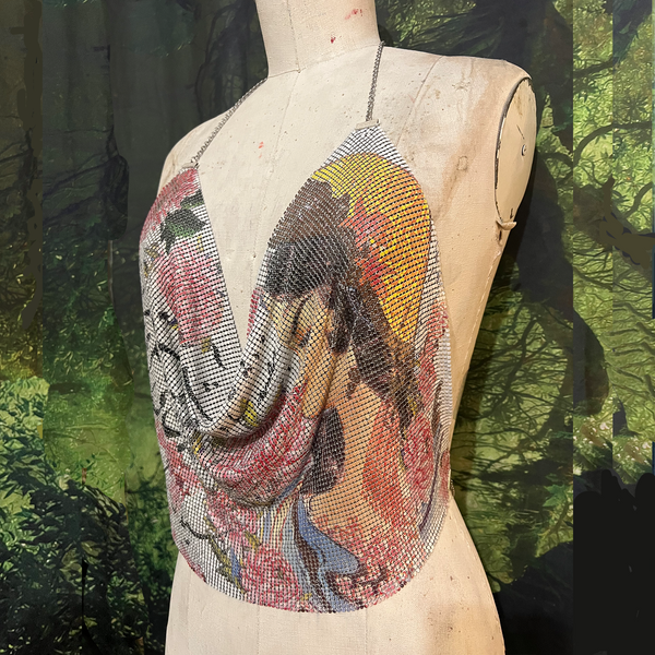 White Poetry & Blossoms Metal Mesh Drape Halter Top