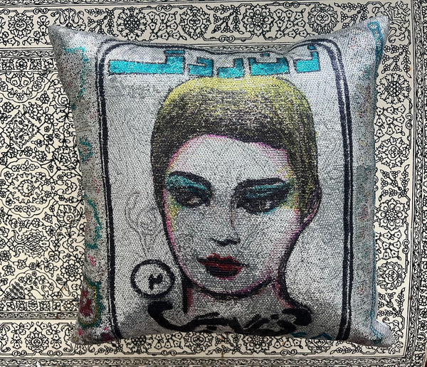 Persian PopStar Hand Painted Sequin Pillow - 16x16 Inches