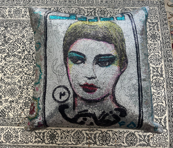 Persian PopStar Hand Painted Sequin Pillow - 16x16 Inches